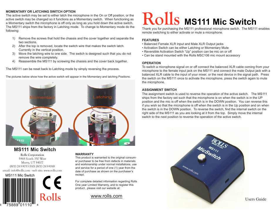 Rolls Mic Switch MS111 User Manual | 1 page