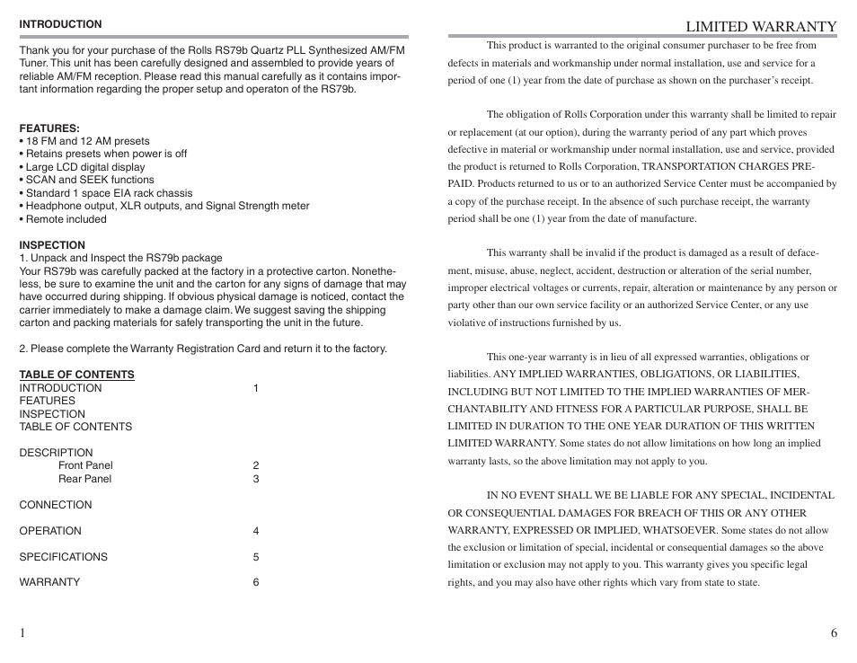 Limited warranty | Rolls RS79b User Manual | Page 2 / 4