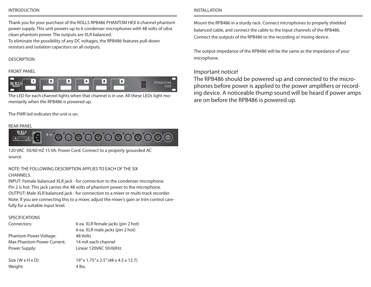 Risk of electric shock do not open | Rolls PHANTOM HEX RPB486 User Manual | Page 2 / 2