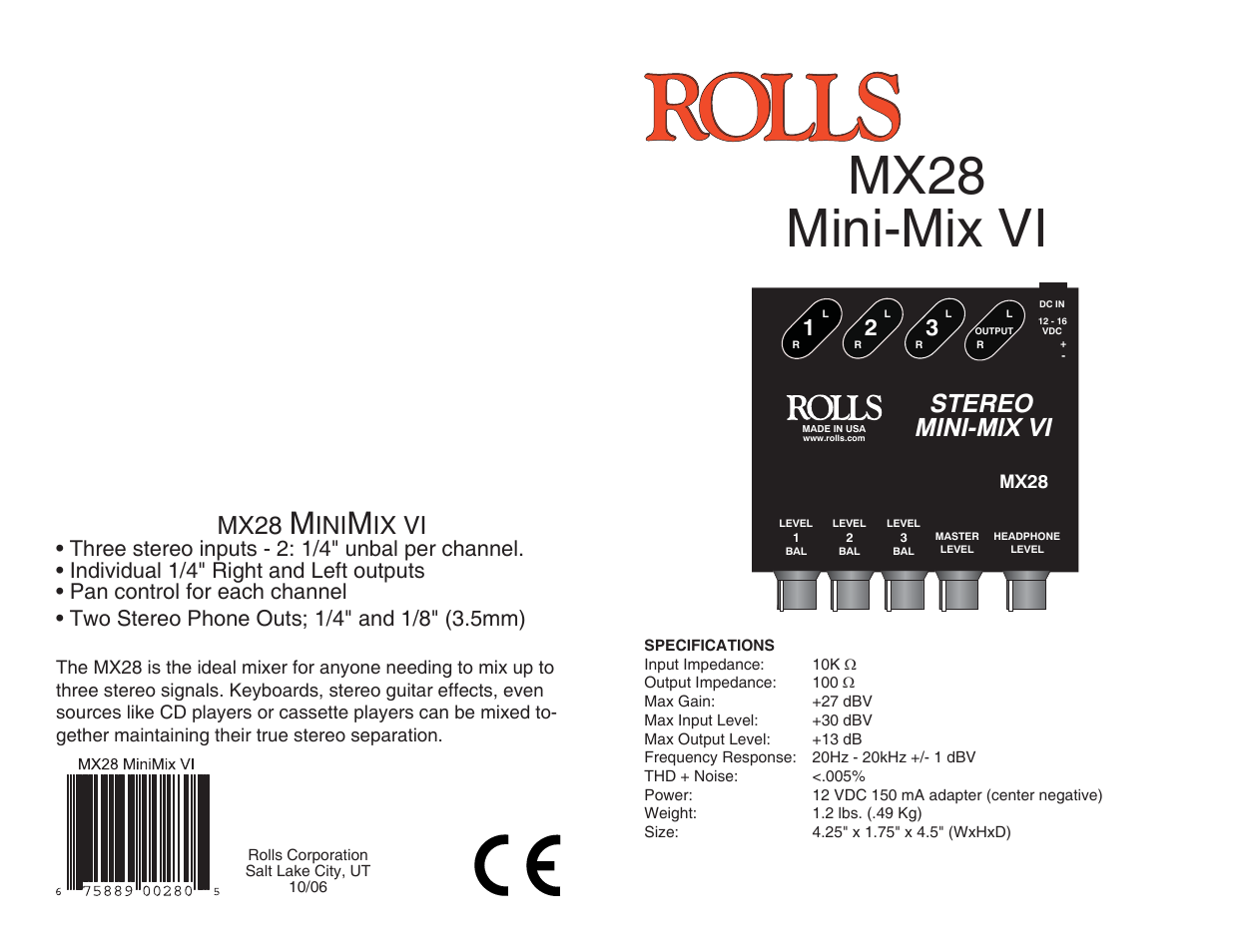 Rolls MINI-MIXVI MX28 User Manual | 2 pages