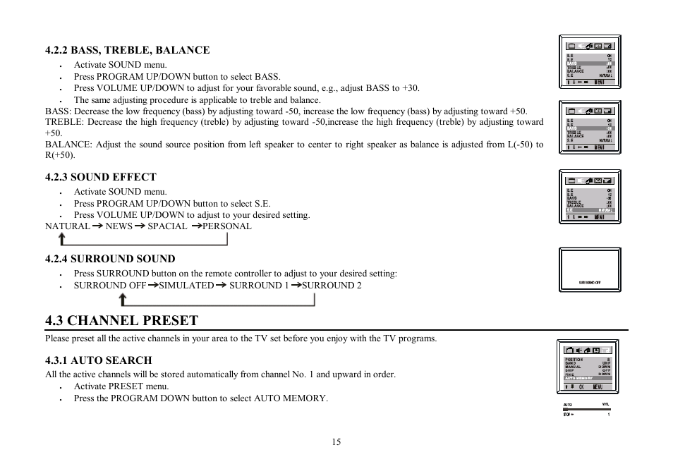 3 channel preset, 2 bass, treble, balance, 3 sound effect | 4 surround sound, 1 auto search | Hyundai H-TV2906PF User Manual | Page 15 / 55