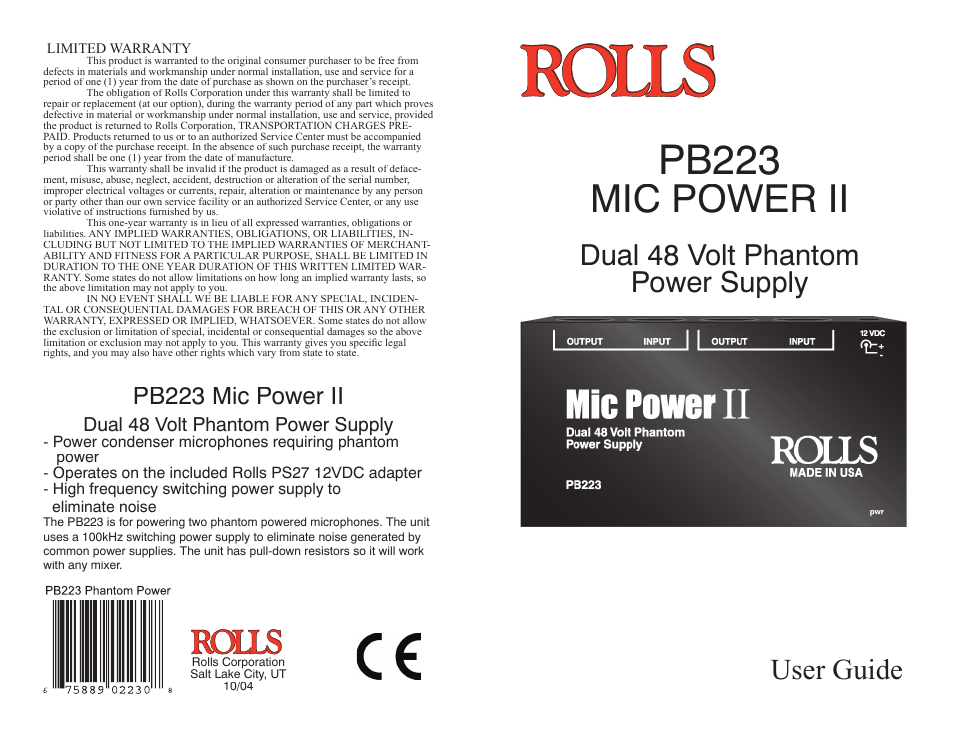 Rolls PB223 User Manual | 2 pages