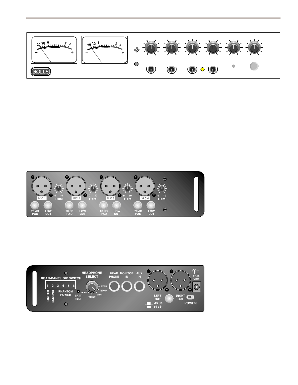Field mixer, Mx442, Description front panel | Rolls Field Mixer MX442 User Manual | Page 3 / 6