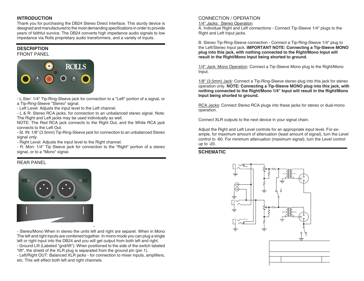 Introduction, Description front panel, Rear panel | Schematic connection / operation, Rolls corporation | Rolls DB24 User Manual | Page 2 / 2