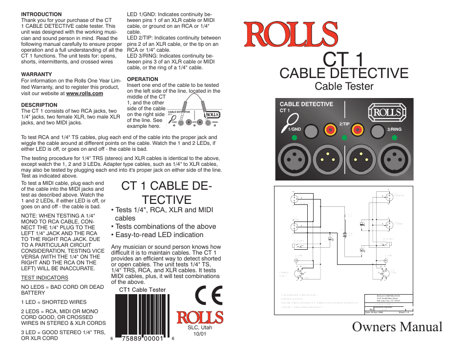 Rolls Cable Detective Cable Tester CT 1 User Manual | 1 page