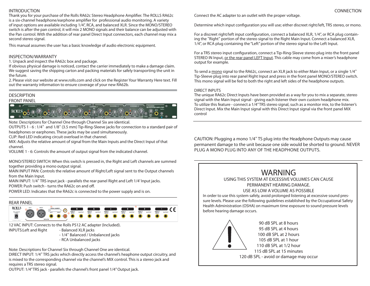 Warning | Rolls RA62c User Manual | Page 2 / 2