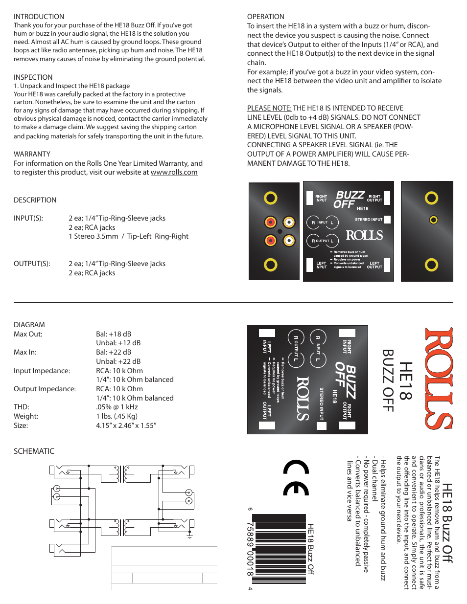 Rolls HE18 User Manual | 1 page