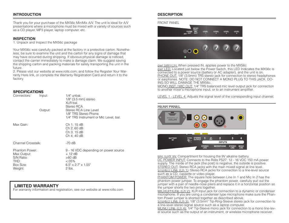 Limited warranty | Rolls MINIMIX A/V MX56C User Manual | Page 2 / 2