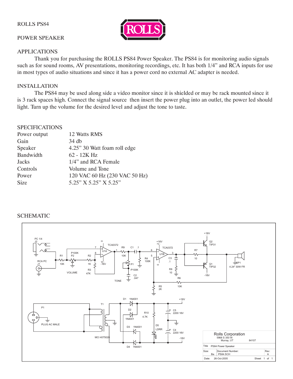 Rolls POWER SPEAKER PS84 User Manual | 1 page