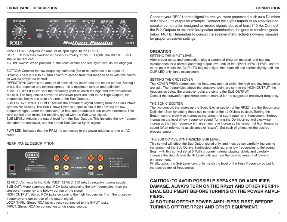 Front panel description, Rear panel description | Rolls RP221 User Manual | Page 4 / 4