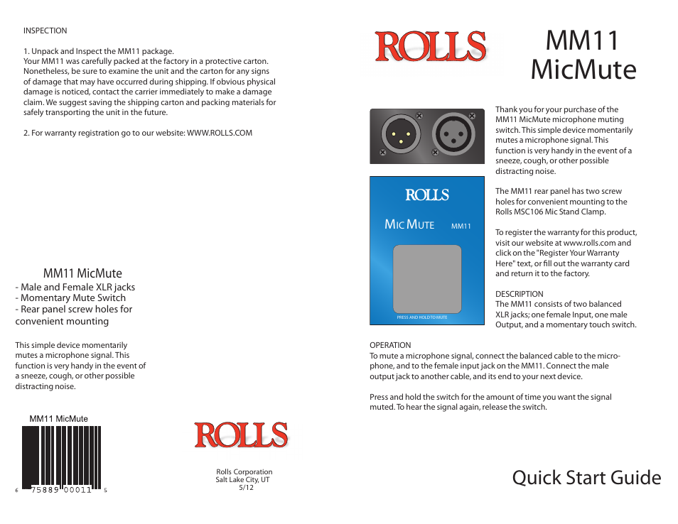 Rolls MicMute MM11 User Manual | 1 page