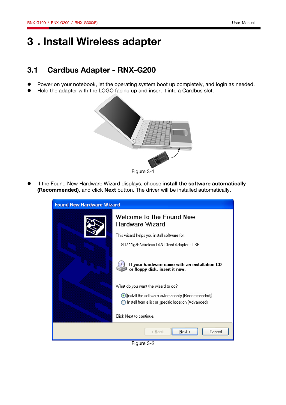 3 . install wireless adapter, 1 cardbus adapter - rnx-g200, Install wireless adapter | 1 cardbus adapter, Rnx-g200 | Rosewill RNX-G300(E) User Manual | Page 4 / 7