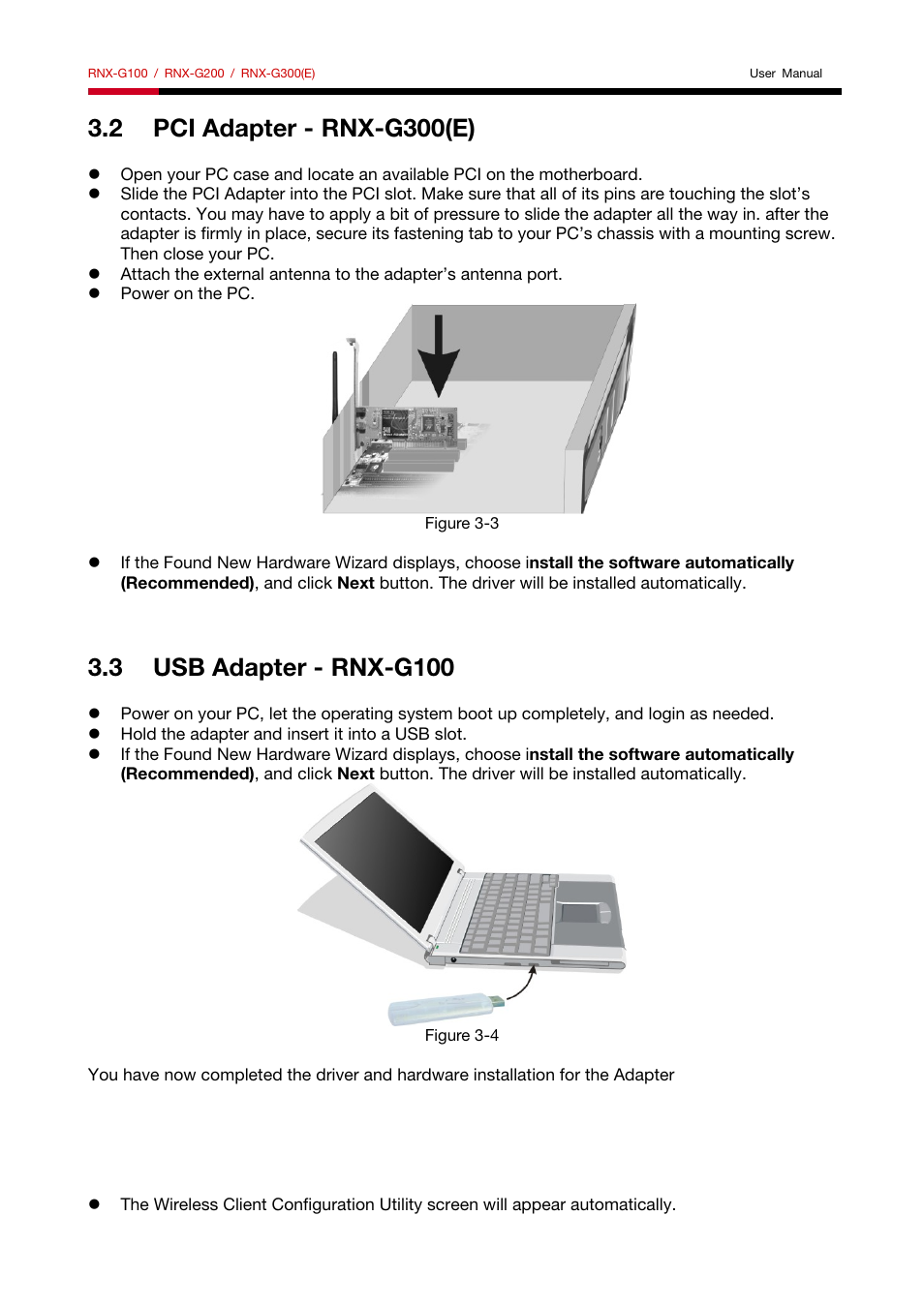 2 pci adapter - rnx-g300(e), 3 usb adapter - rnx-g100, 4 configuration your wireless adapter | 2 pci adapter, Rnx-g300(e), 3 usb adapter, Rnx-g100 | Rosewill RNX-G300(E) User Manual | Page 5 / 7