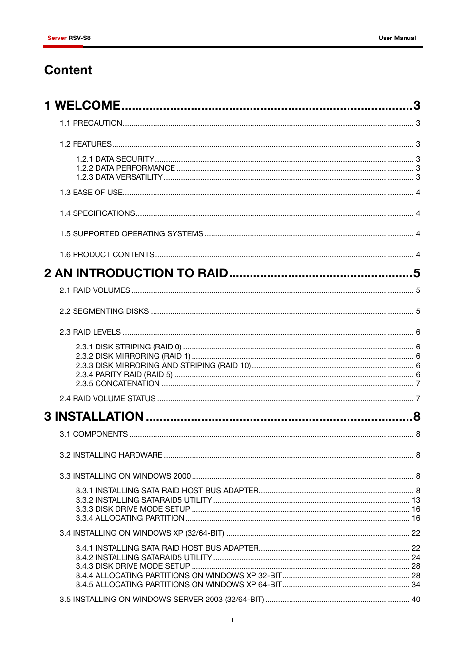 Content, 1 welcome, 2 an introduction to raid | 3 installation | Rosewill RSV-S8 User Manual | Page 2 / 82