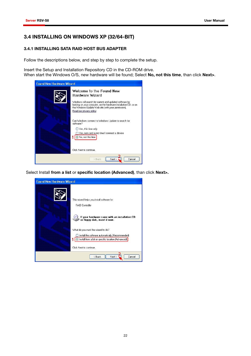 4 installing on windows xp (32/64-bit), 1 installing sata raid host bus adapter | Rosewill RSV-S8 User Manual | Page 23 / 82