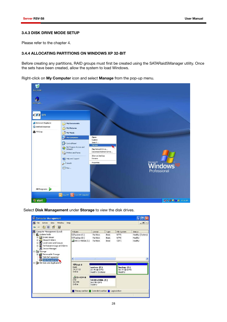 3 disk drive mode setup, 4 allocating partitions on windows xp 32-bit | Rosewill RSV-S8 User Manual | Page 29 / 82