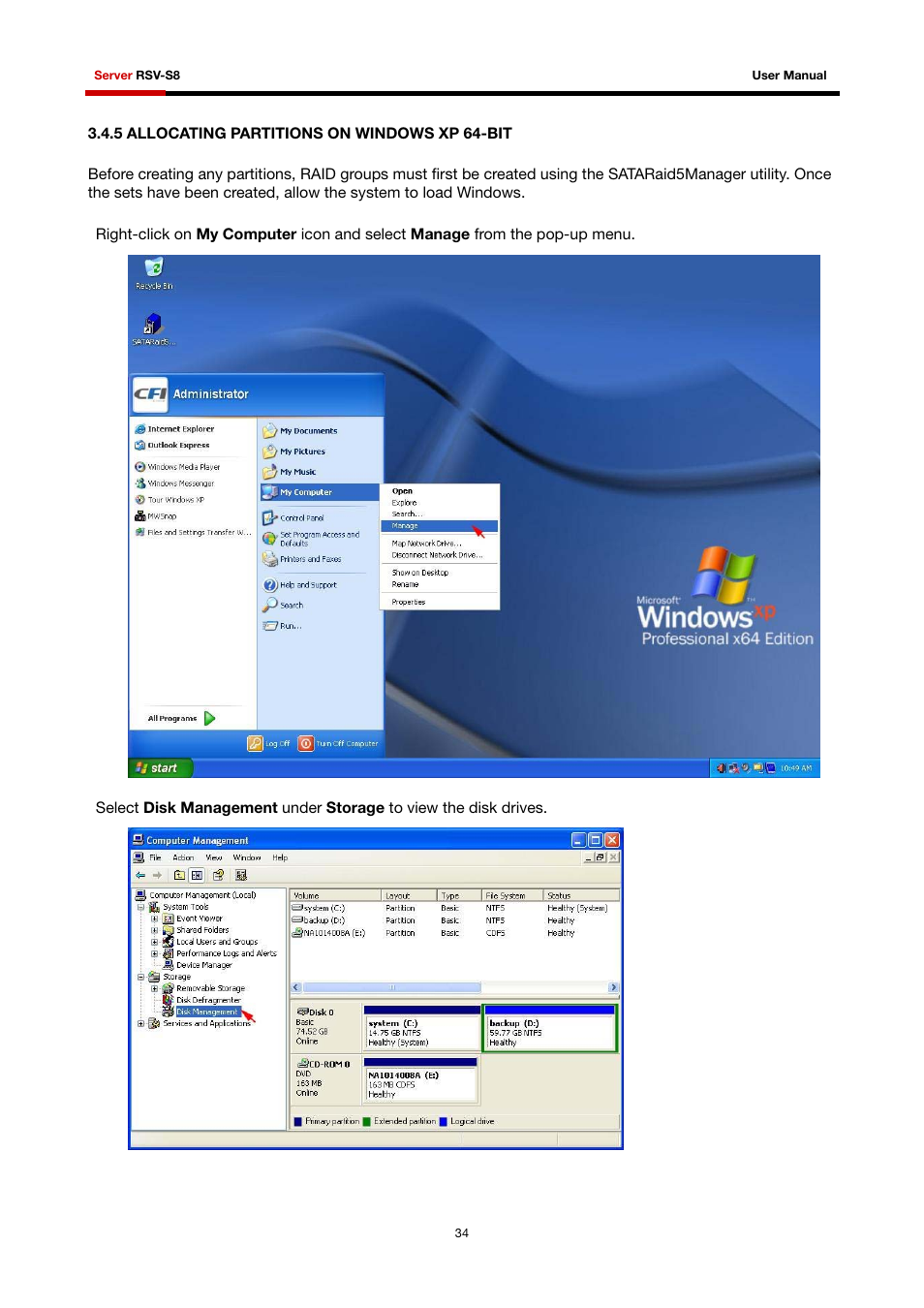 5 allocating partitions on windows xp 64-bit | Rosewill RSV-S8 User Manual | Page 35 / 82