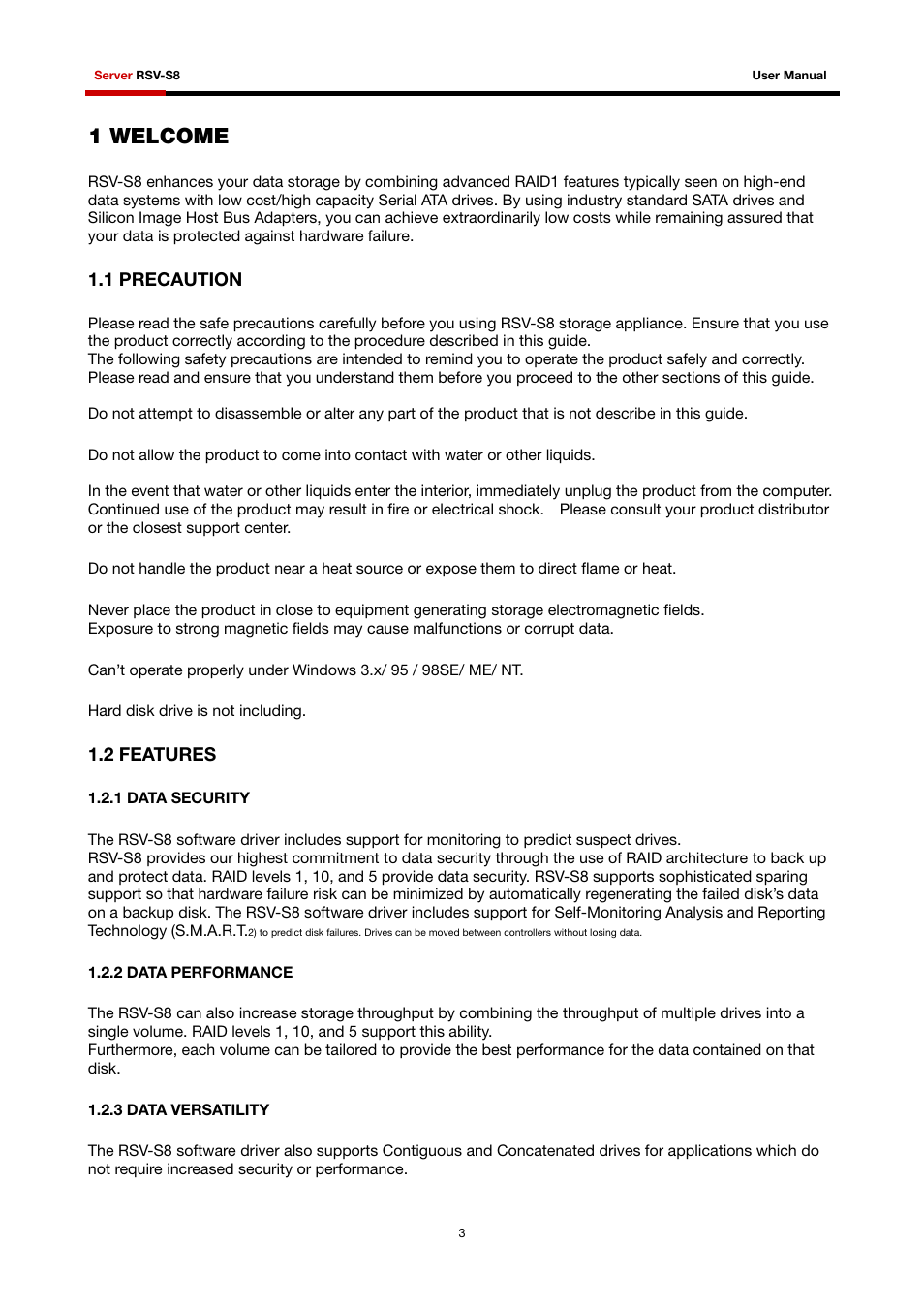 1 welcome, 1 precaution, 2 features | 1 data security, 2 data performance, 3 data versatility | Rosewill RSV-S8 User Manual | Page 4 / 82