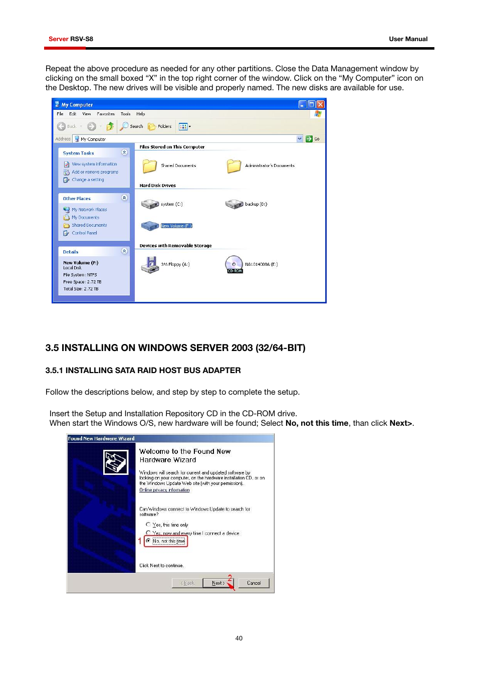 5 installing on windows server 2003 (32/64-bit), 1 installing sata raid host bus adapter | Rosewill RSV-S8 User Manual | Page 41 / 82