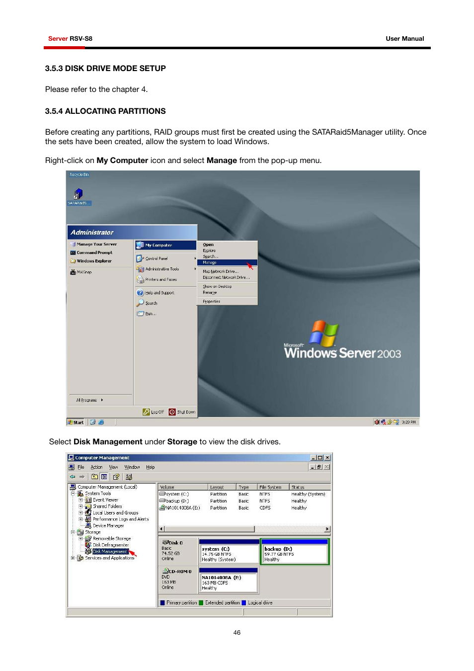 3 disk drive mode setup, 4 allocating partitions | Rosewill RSV-S8 User Manual | Page 47 / 82