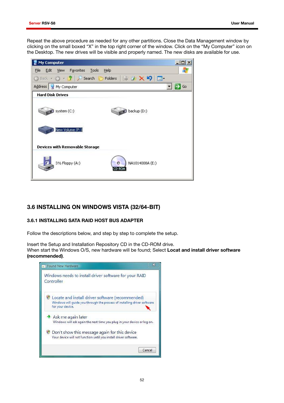 6 installing on windows vista (32/64-bit), 1 installing sata raid host bus adapter | Rosewill RSV-S8 User Manual | Page 53 / 82