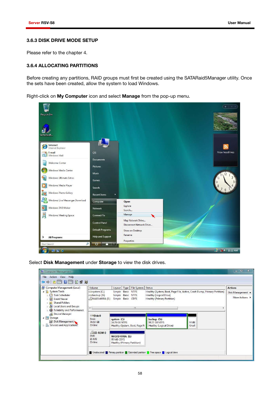 3 disk drive mode setup, 4 allocating partitions | Rosewill RSV-S8 User Manual | Page 59 / 82