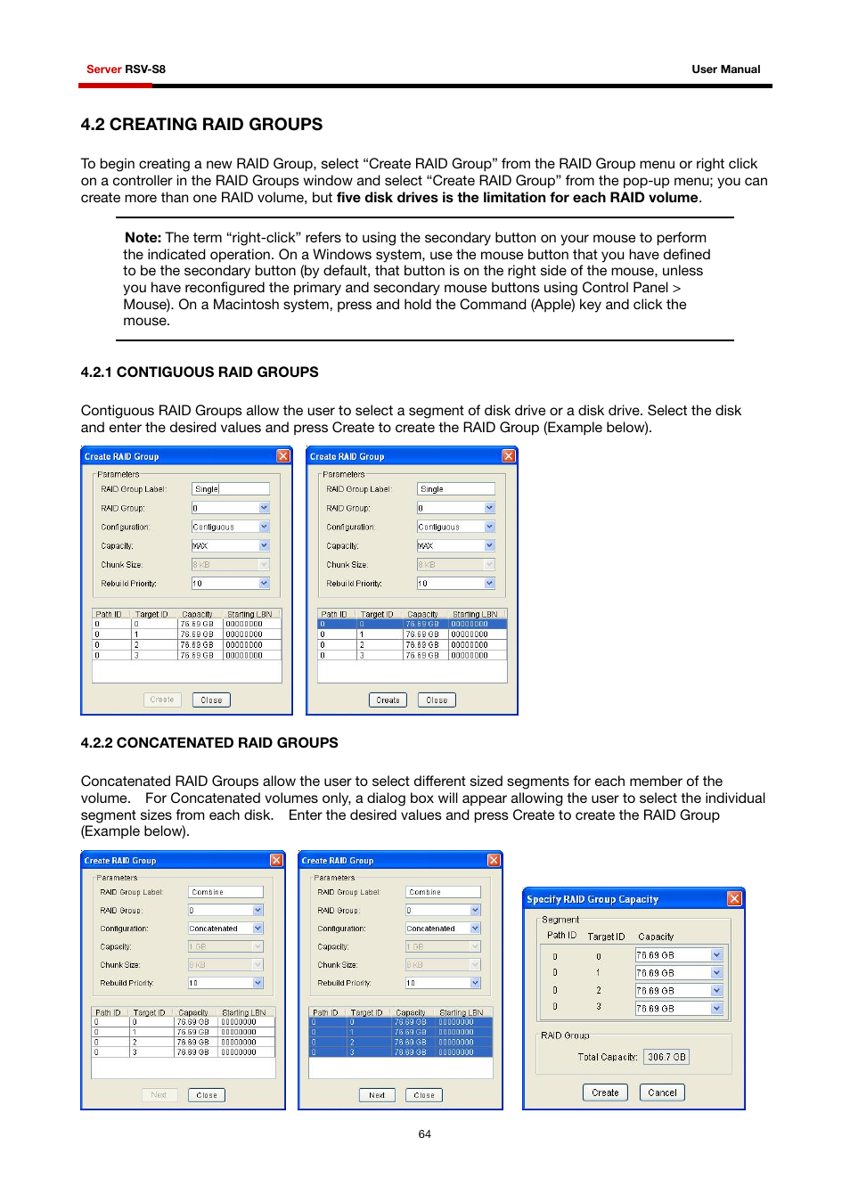 2 creating raid groups, 1 contiguous raid groups, 2 concatenated raid groups | Rosewill RSV-S8 User Manual | Page 65 / 82