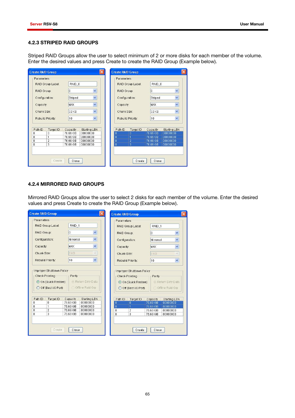 3 striped raid groups, 4 mirrored raid groups | Rosewill RSV-S8 User Manual | Page 66 / 82