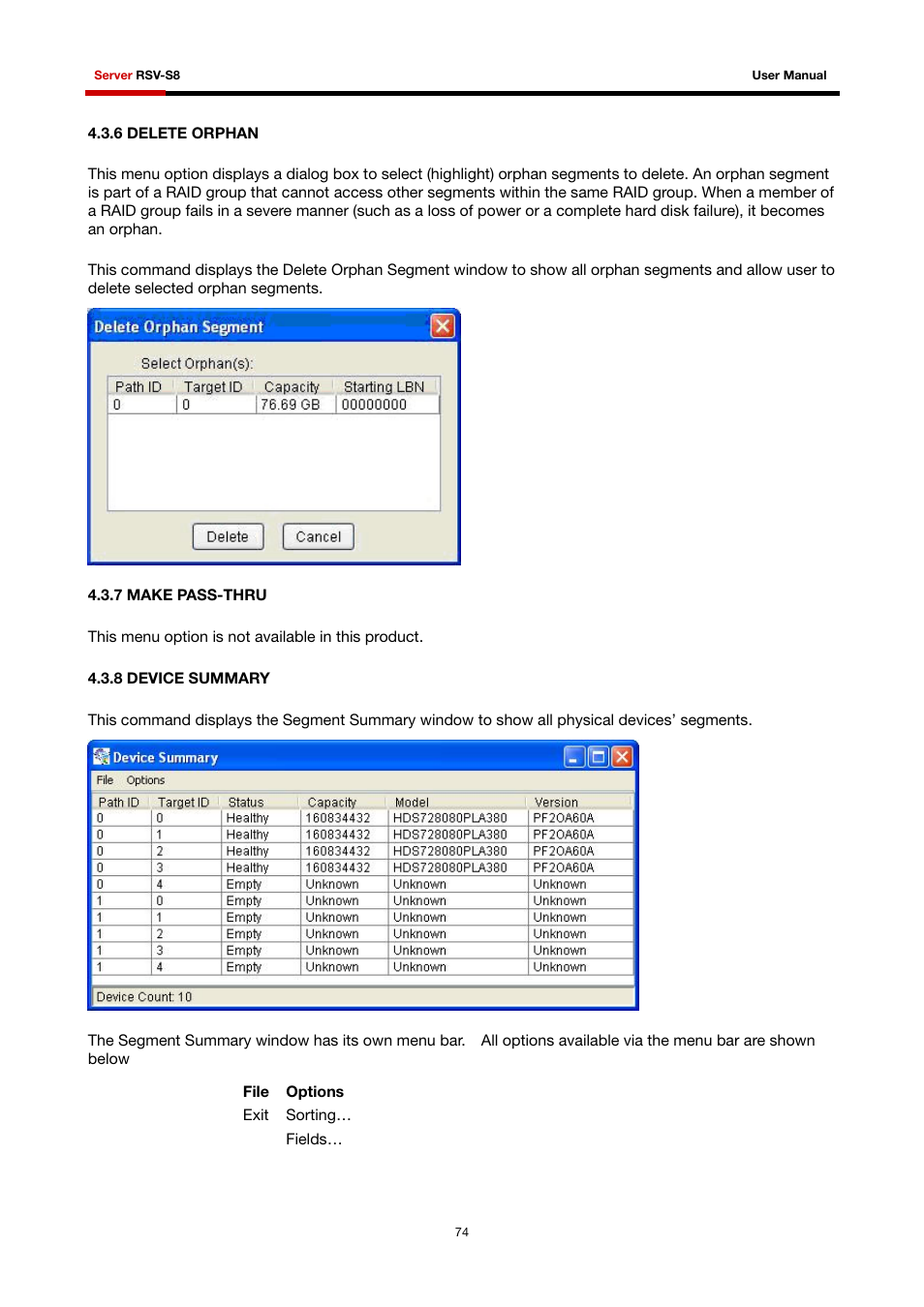 6 delete orphan, 7 make pass-thru, 8 device summary | Rosewill RSV-S8 User Manual | Page 75 / 82