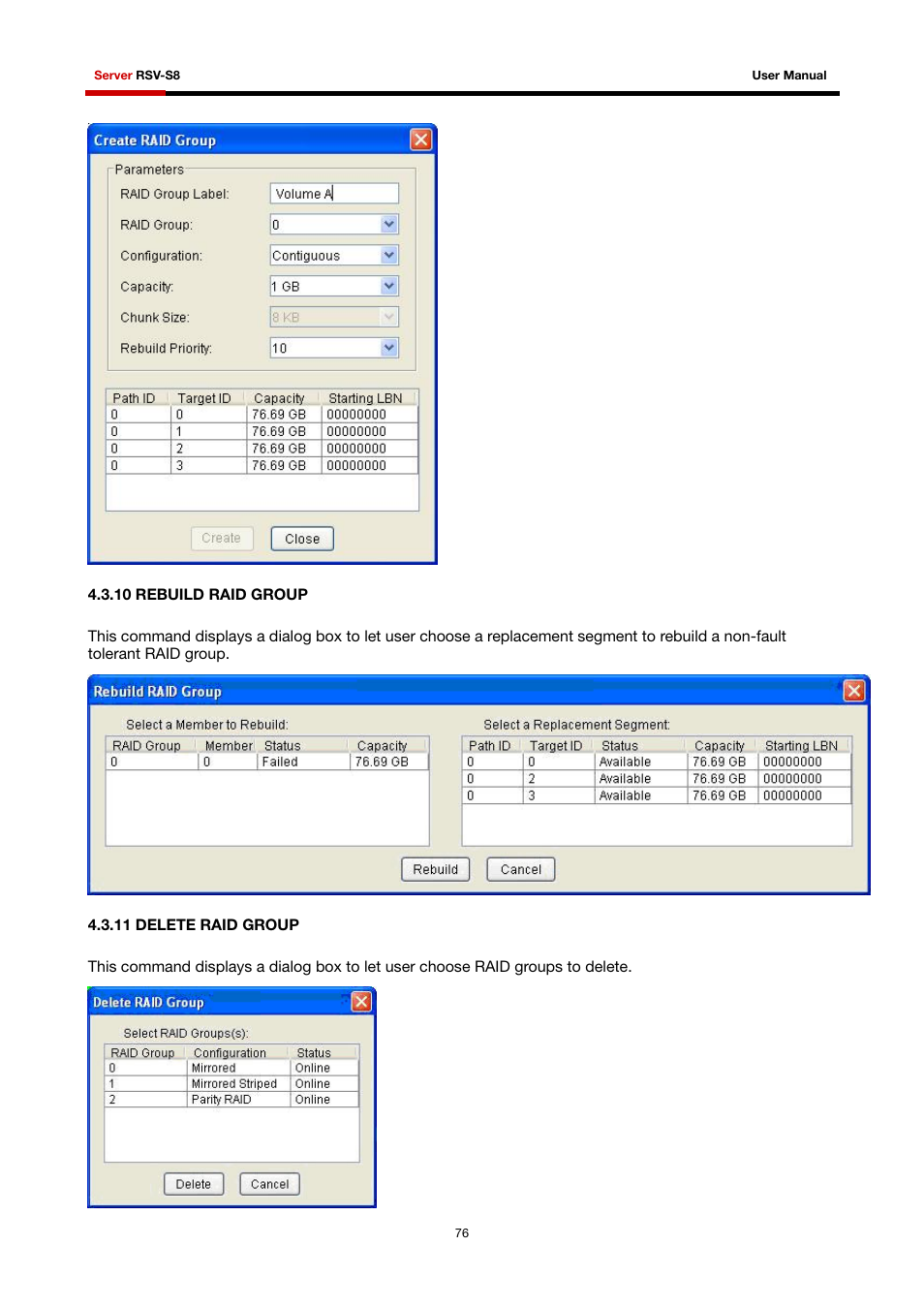 10 rebuild raid group, 11 delete raid group | Rosewill RSV-S8 User Manual | Page 77 / 82