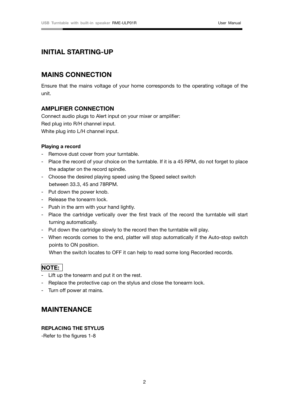 Initial starting-up, Mains connection, Maintenance | Rosewill RME-ULP01R User Manual | Page 3 / 4