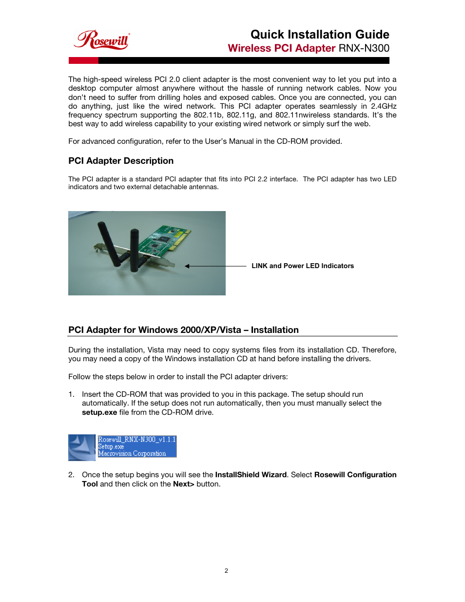 Quick installation guide, Wireless pci adapter rnx-n300 | Rosewill RNX-N300 User Manual | Page 2 / 4