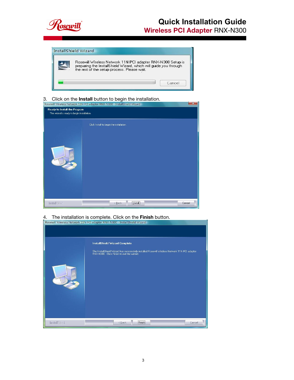 Quick installation guide, Wireless pci adapter rnx-n300 | Rosewill RNX-N300 User Manual | Page 3 / 4