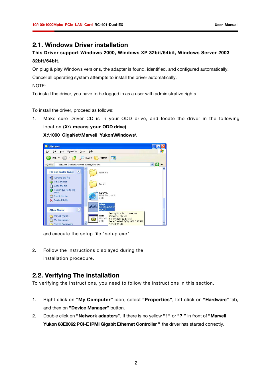 Windows driver installation, Verifying the installation | Rosewill PCIe LAN Card RC-401-Dual-EX User Manual | Page 3 / 8