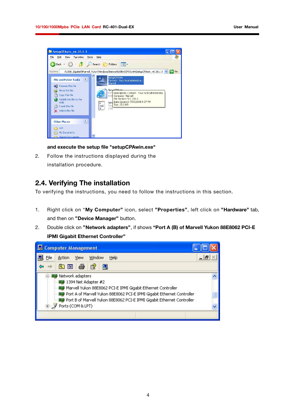 Verifying the installation | Rosewill PCIe LAN Card RC-401-Dual-EX User Manual | Page 5 / 8