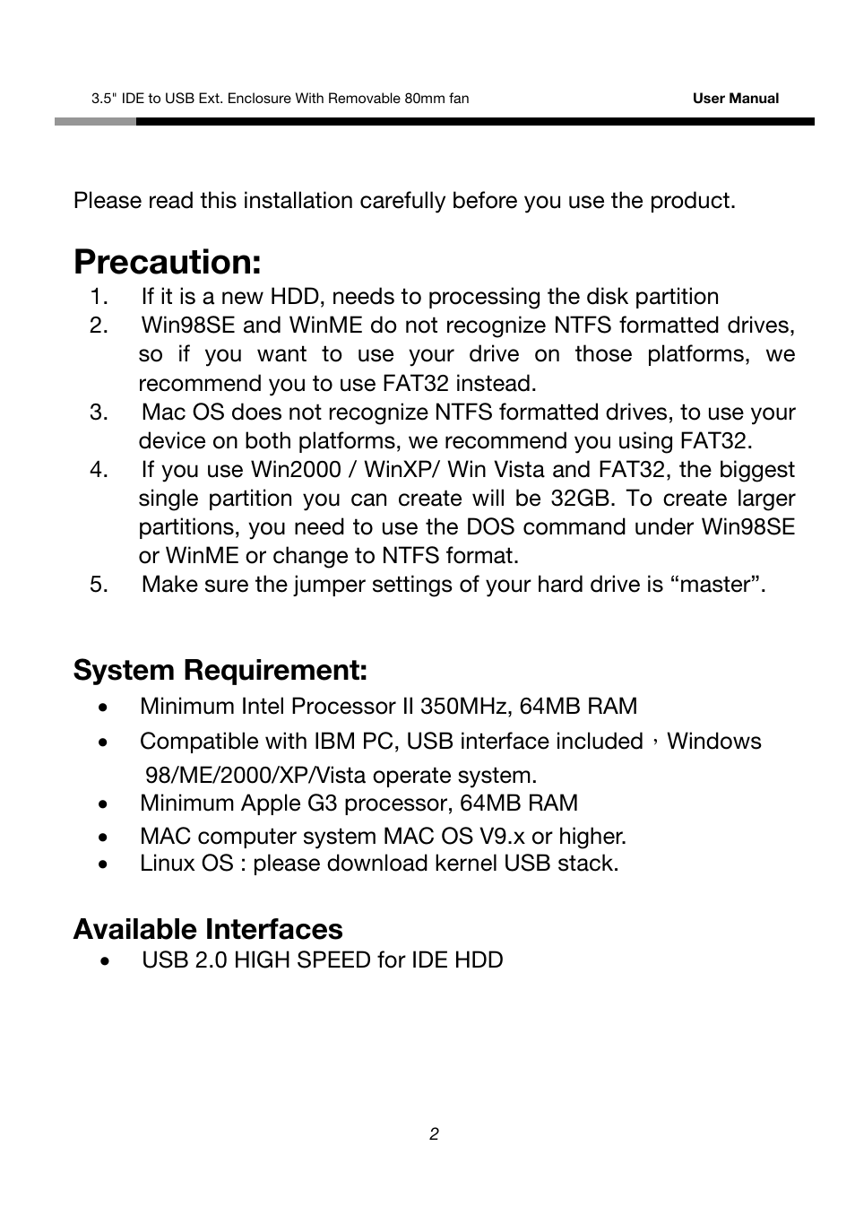 Precaution, System requirement, Available interfaces | Rosewill RX355-U User Manual | Page 2 / 12