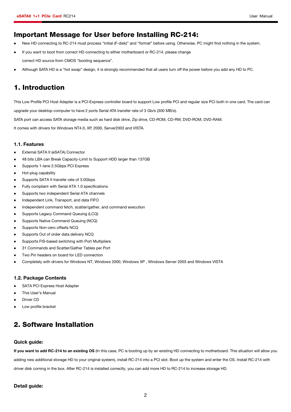 Introduction, Software installation, Features | Package contents, Quick guide, Detail guide | Rosewill RC214 User Manual | Page 2 / 4