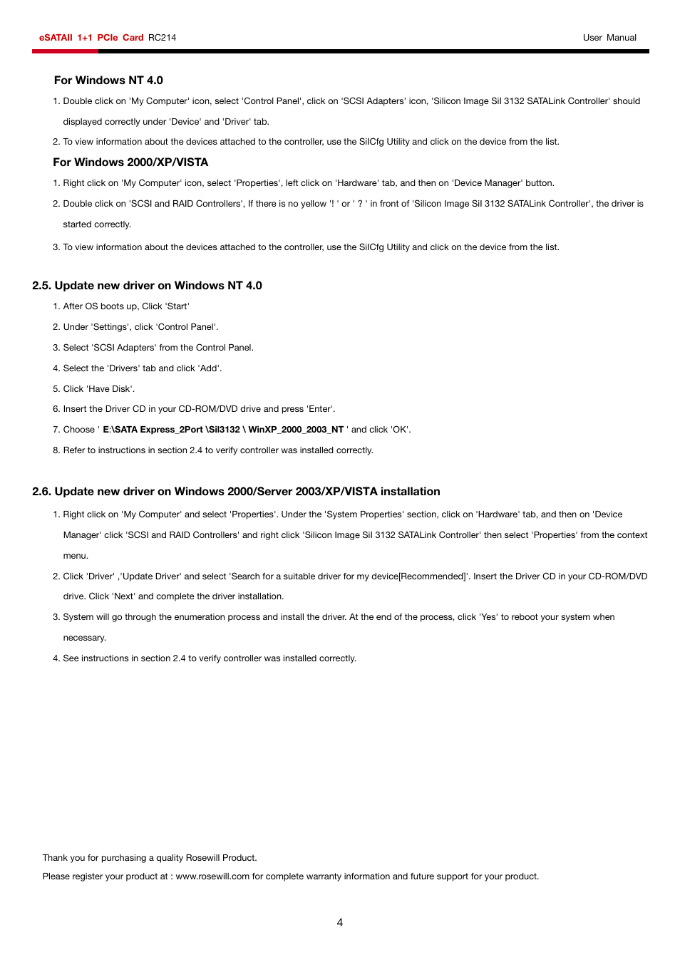 For windows nt 4.0 | Rosewill RC214 User Manual | Page 4 / 4