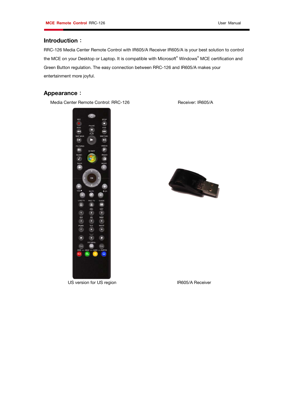 Introduction, Appearance | Rosewill RRC-126 User Manual | Page 3 / 8