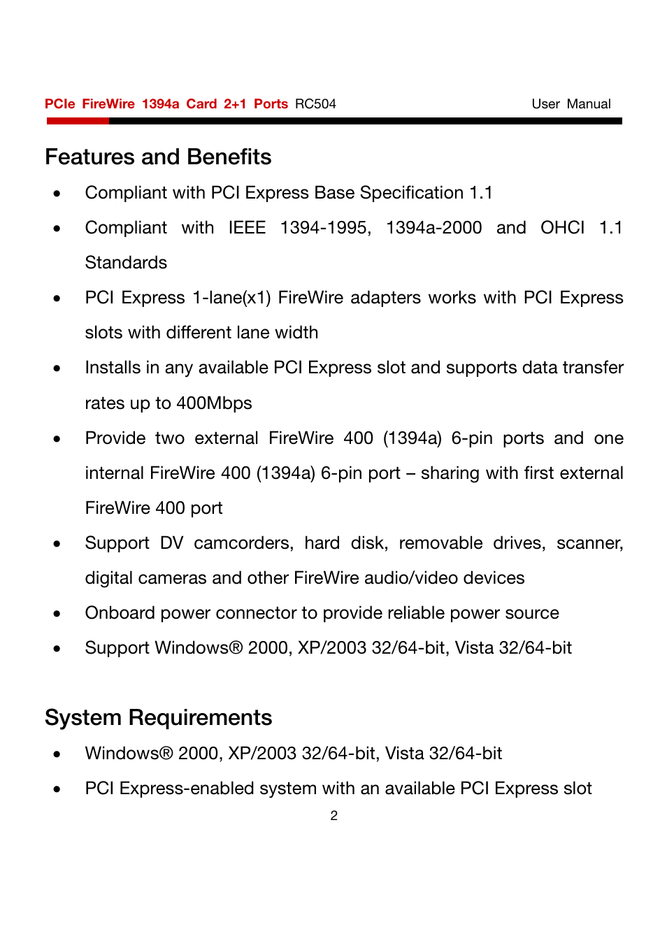 Features and benefits, System requirements | Rosewill PCIe FireWire 1394a Card 2+1 Port RC504 User Manual | Page 2 / 4
