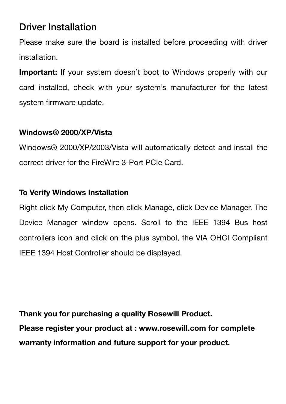 Driver installation | Rosewill PCIe FireWire 1394a Card 2+1 Port RC504 User Manual | Page 4 / 4