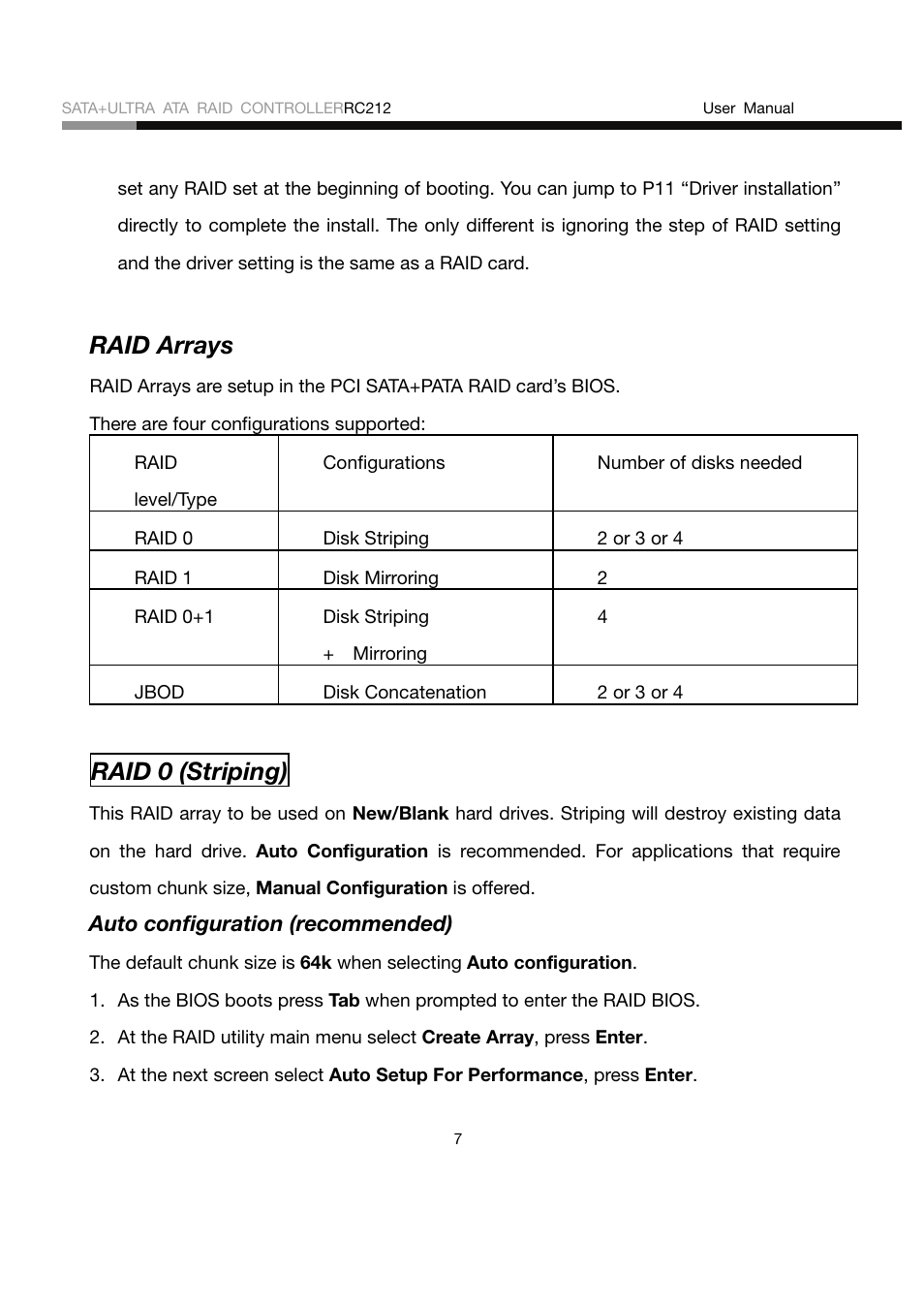 Raid arrays, Raid 0 (striping) | Rosewill RC212 User Manual | Page 7 / 24