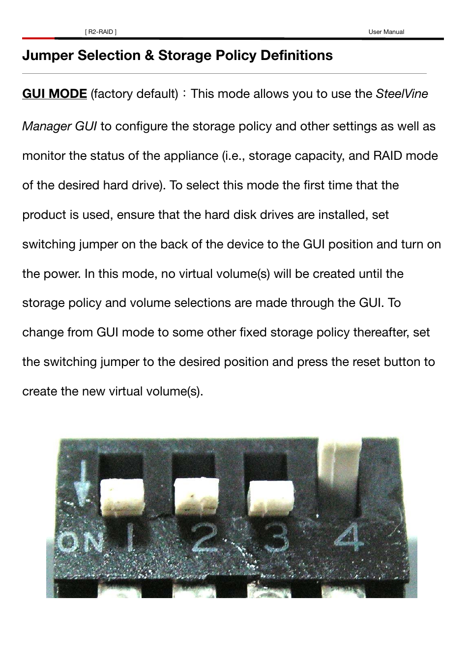 Jumper selection & storage policy definitions | Rosewill R2-RAID User Manual | Page 10 / 29