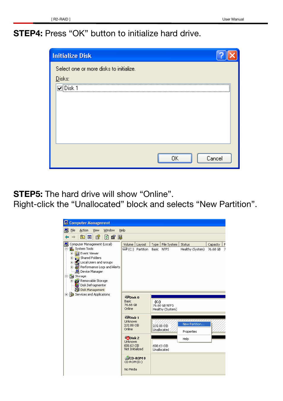 Step4: press “ok” button to initialize hard drive | Rosewill R2-RAID User Manual | Page 21 / 29