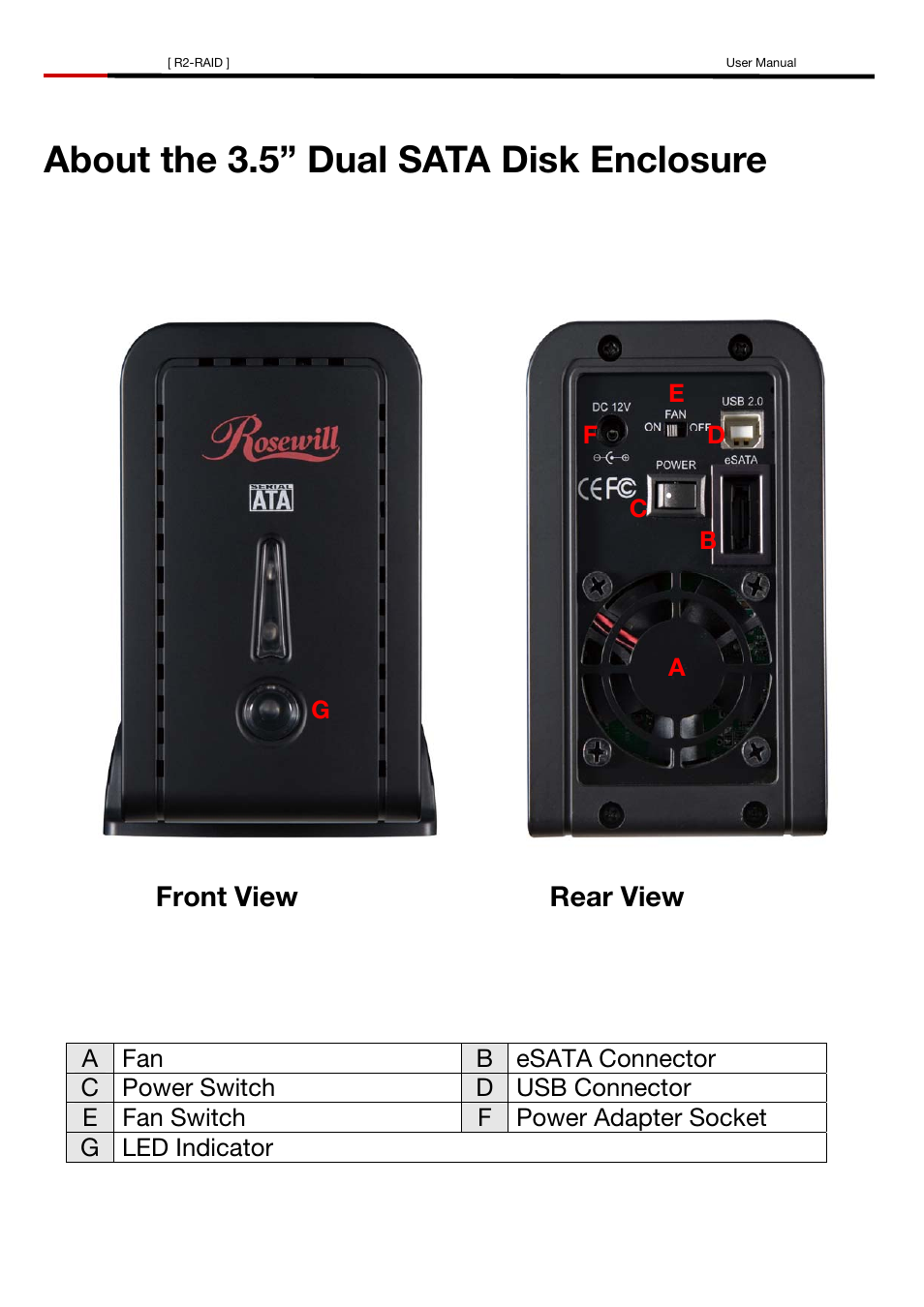 About the 3.5” dual sata disk enclosure, Front view rear view | Rosewill R2-RAID User Manual | Page 3 / 29