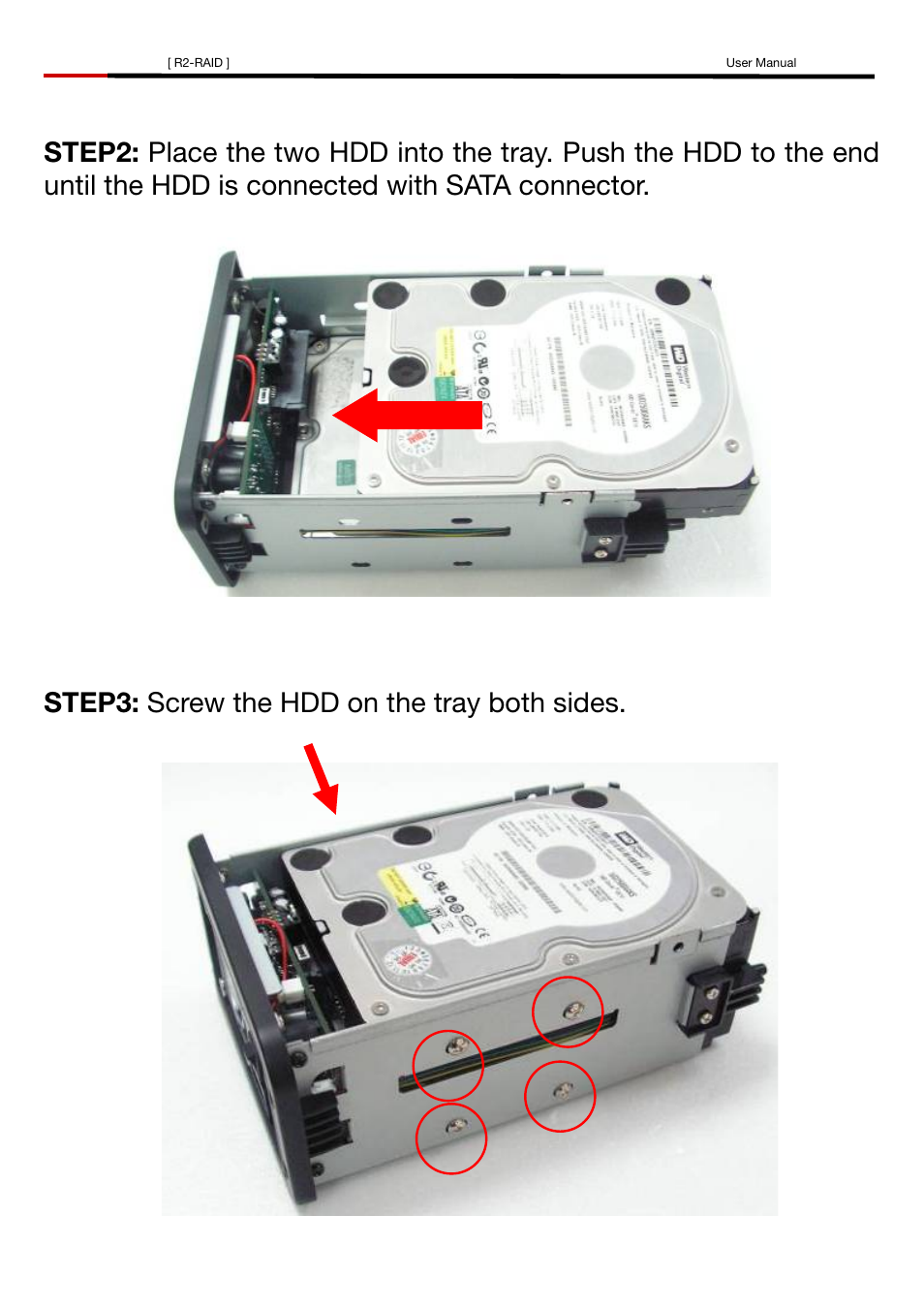Step3: screw the hdd on the tray both sides | Rosewill R2-RAID User Manual | Page 5 / 29