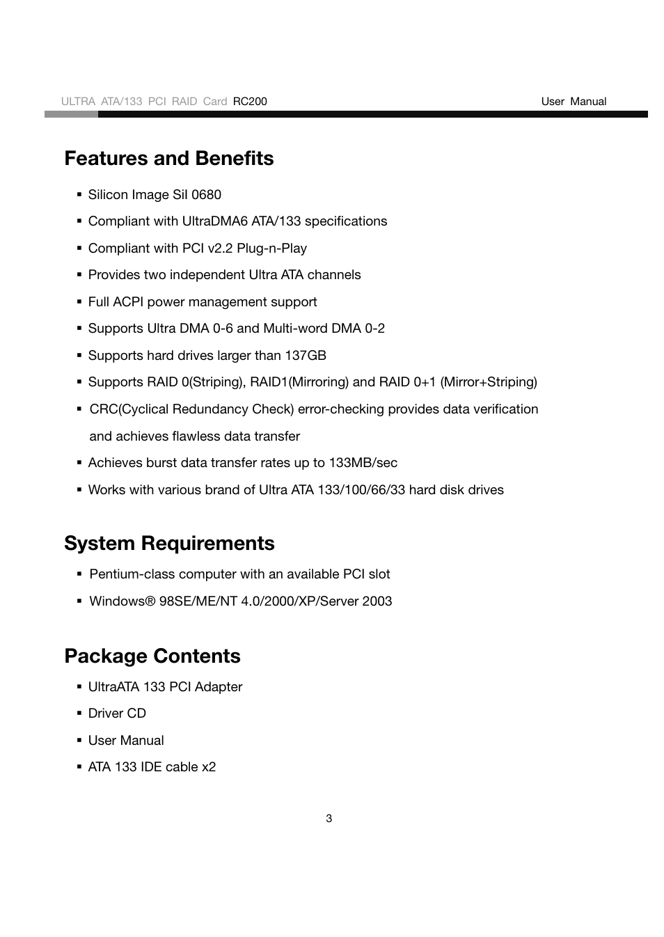 Features and benefits, System requirements, Package contents | Rosewill RC200 User Manual | Page 3 / 28