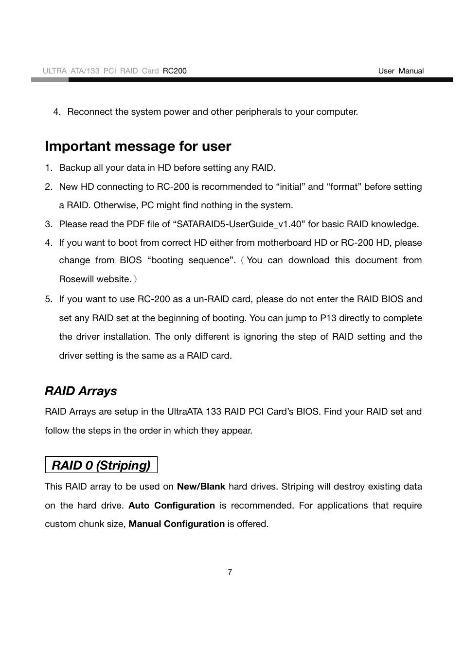 Important message for user | Rosewill RC200 User Manual | Page 7 / 28