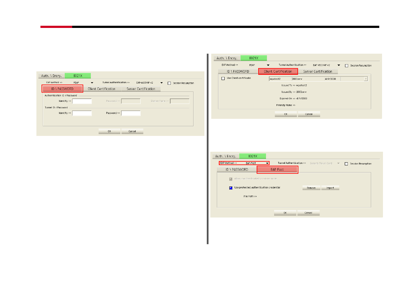 2id\password, 3client certification, 4eap method: eap fast | Id\password, Client certification, Eap method: eap fast | Rosewill RNX-N150PCX User Manual | Page 36 / 46