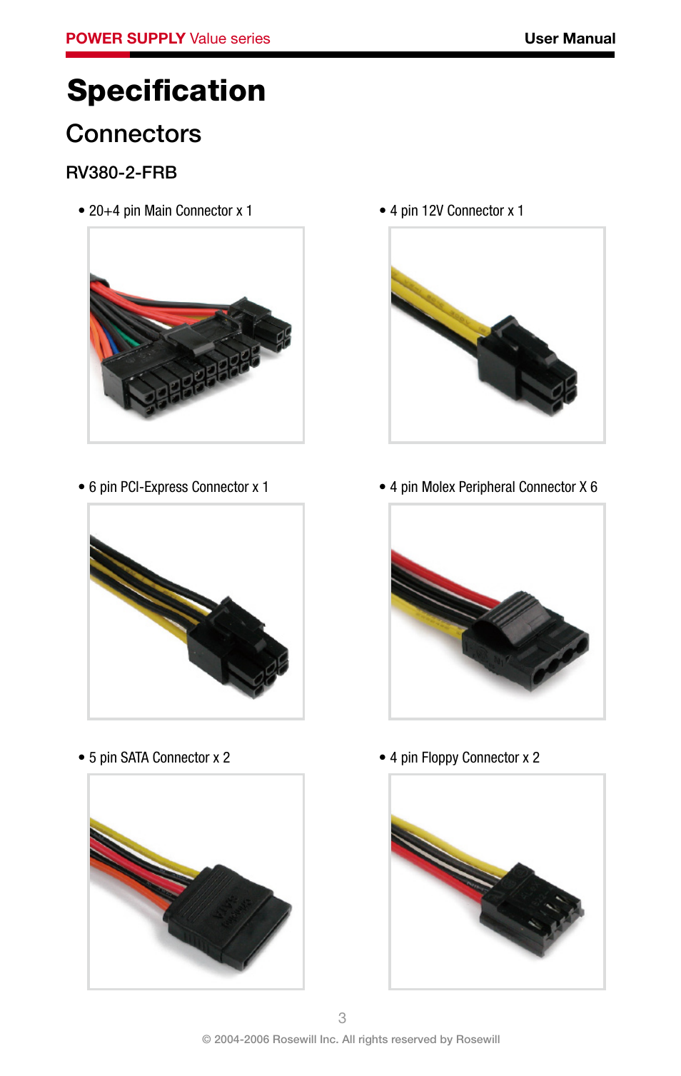 Speciﬁ cation, Connectors | Rosewill RV-480-2-FRB User Manual | Page 4 / 14